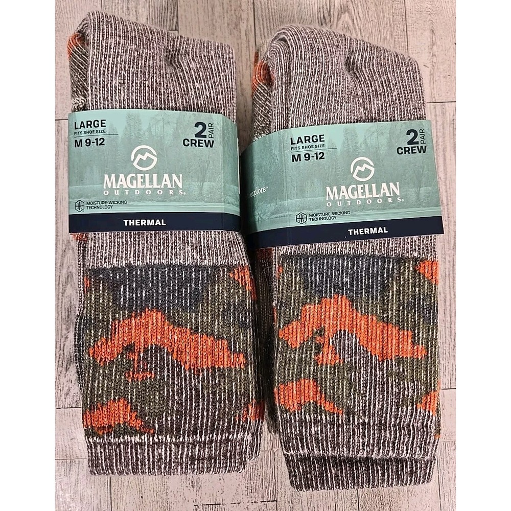 Magellan Thermal Crew Socks LARGE 2pk Shoe Size 9-12 CAMO Gray Lot of 2 NEW